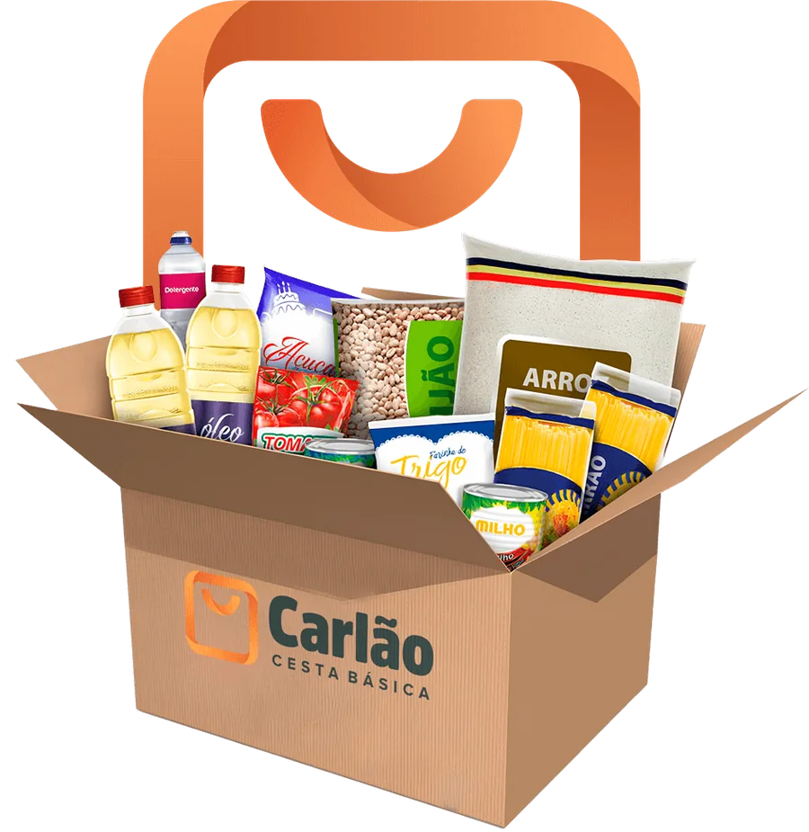 Cesta básica Carlão aberta com alimentos