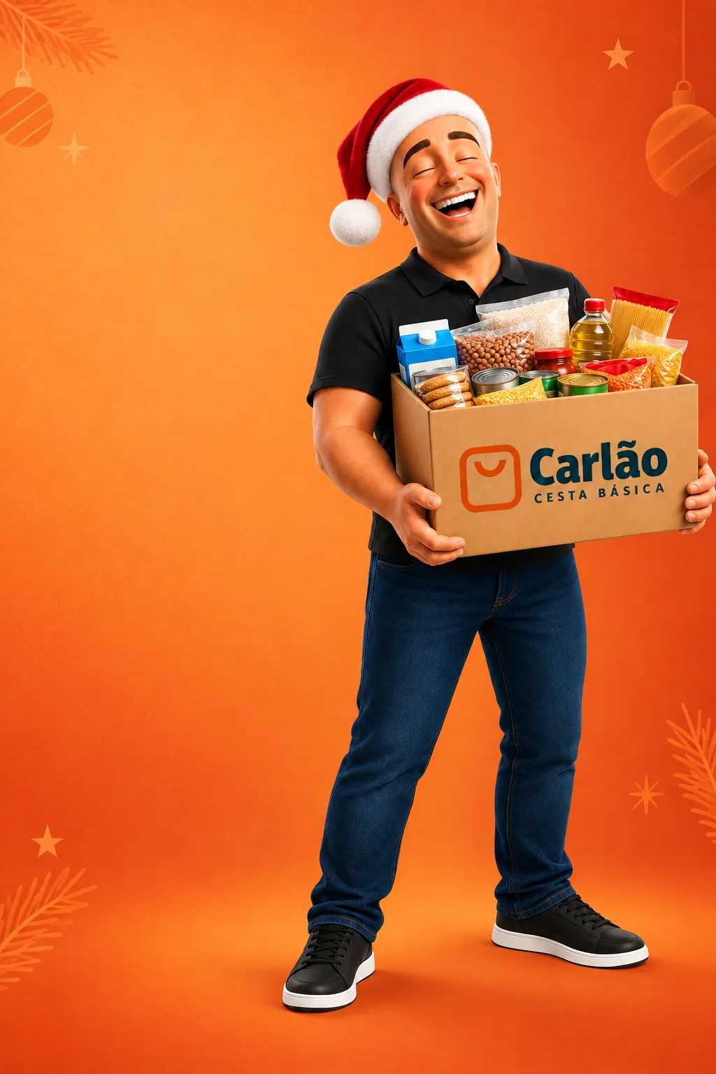 Personagem Carlão vestido para o Natal segurando uma cesta básica da marca