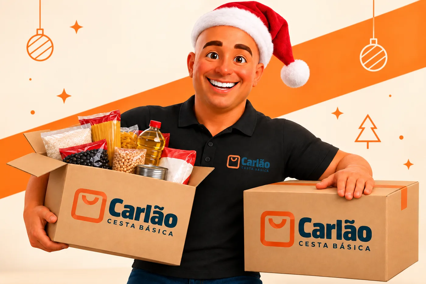 Carlão com duas caixas de cestas básicas para pedidos em volume